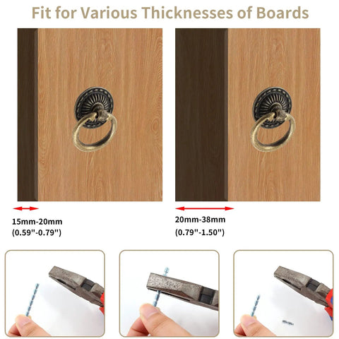 Legit Vintage Bronze Drop Ring Cabinet Knobs With Mounting Screws Solid Zinc Alloy showcased on various board thicknesses.