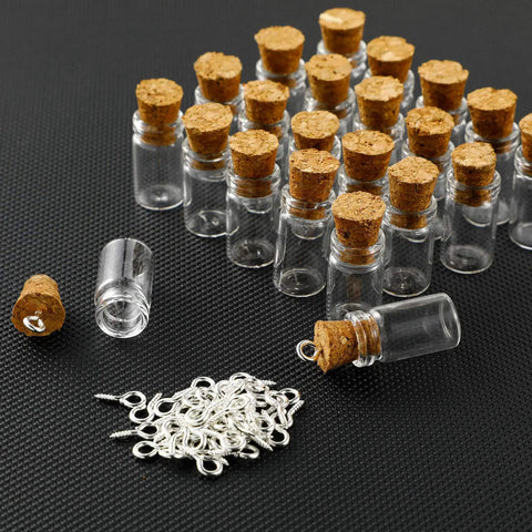 Totally Sweet Mini Glass Bottles With Cork Stoppers And Eye Screws Hella Practical Funnel Kit For Diy Crafts Perfume Sampling Raffle Prizes And Creative Hobby Builds 50 Piece 0.5Ml Pack with cork stoppers and silver eye screws.