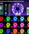 100Ft USB Powered RGB LED Strip Lights With Music Sync Bluetooth App Control IR Remote showcasing colors and features