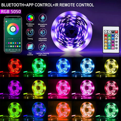 100Ft USB Powered RGB LED Strip Lights With Music Sync Bluetooth App Control IR Remote showcasing colors and features