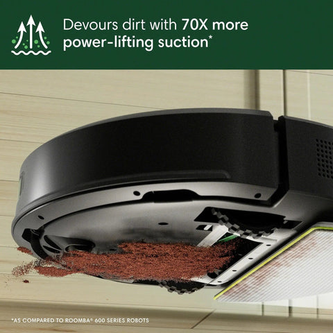 Combo Robot Vacuum And Mop With AutoEmpty Dock demonstrating 70X suction power on floor, highlighting debris intake.