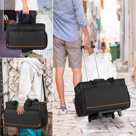 Rolling DJ Cable Bag With Hard Padded Bottom Detachable Dividers And Dolly Travel Gig Case shown being carried and wheeled outdoors.