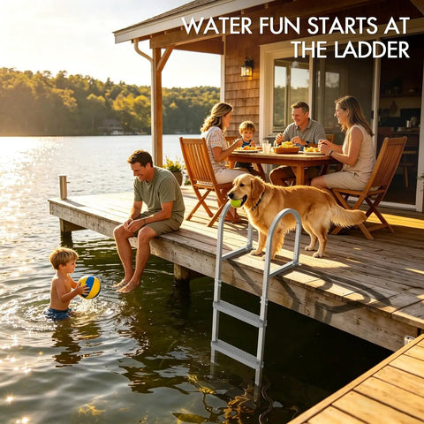 Heavy Duty Aluminum Dock Ladder Beefy Build With 500 Pound Capacity, Four Step, Non Slip Wide Steps For Wet Surfaces, Removable Design, Sturdy Frame That Will Not Wobble, Easy Setup For Boats, Docks, Or Piers. 4-step dock ladder by lake