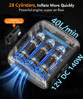 Portable Tire Inflator Air Compressor 150 PSI With 28 Cylinder 12V Motor 140W Auto Shut Off LED Light Beast Mode Design
