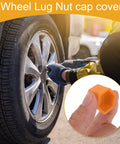 20 Pcs Wheel Lug Nut Caps And Dust Covers Silicone Orange 2.2x17x20mm installed on car rim, hand holding a cap