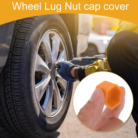 20 Pcs Wheel Lug Nut Caps And Dust Covers Silicone Orange 2.2x17x20mm installed on car rim, hand holding a cap
