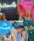 Collage of custom Mr and Mrs neon signs for wedding and engagement LED lights, ideal for photo backdrops and home decor, vibrant colors.