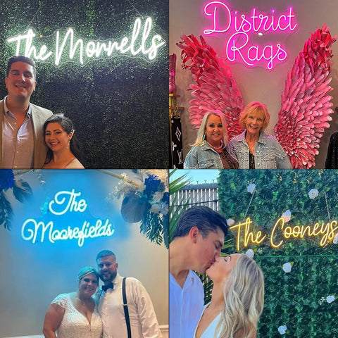 Collage of custom Mr and Mrs neon signs for wedding and engagement LED lights, ideal for photo backdrops and home decor, vibrant colors.