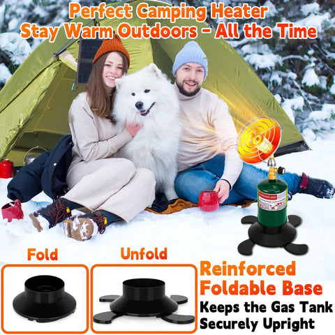 Portable Propane Heater For Camping And Outdoors next to couple and dog in tent with foldable gas tank holder