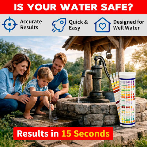 Family testing water with 23 In 1 Home Drinking Water Testing Kit With 155 Strips For Tap And Well Water Checks Hardness PH Lead Iron Copper Chlorine Fluoride Nitrates And More Keeps Your Fam Safe At Home near outdoor pump.