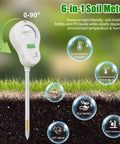 6 In 1 Digital Soil Tester with Moisture, PH, Light, Temperature and Fertility Monitor, dual screen, probes in soil graphic