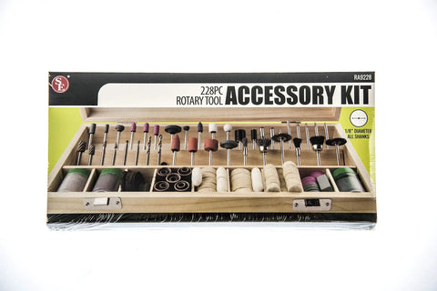 All In One 228 Piece Rotary Tool Accessories Kit For DIYers With One Eighth Inch Shank For Polishing, Grinding, Engraving Includes Sanding Bands, Grinding Stones, Wool Felt Wheels, And Wooden Case RA9228 in packaging