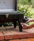 Attaching LP cylinder to Single Burner Portable Propane Grill With Piezo Ignition, Stainless Steel for camping use