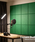 Peel And Stick Acoustic Wall Panels 12 Pack SoundProof Foam Tiles on studio wall, reducing echo for clear audio recordings.
