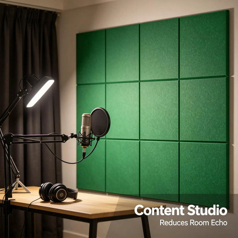Peel And Stick Acoustic Wall Panels 12 Pack SoundProof Foam Tiles on studio wall, reducing echo for clear audio recordings.