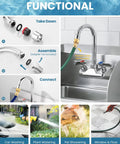 Top Shelf Four Inch Center Wall Mount Sink Faucet With Slick Chrome Plating And Hella Tough Dual Levers for utility setup and connections.
