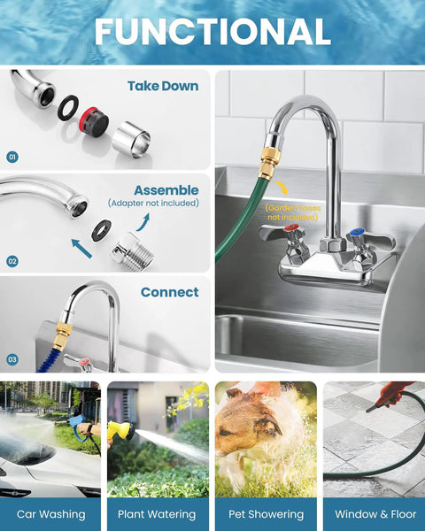 Top Shelf Four Inch Center Wall Mount Sink Faucet With Slick Chrome Plating And Hella Tough Dual Levers for utility setup and connections.
