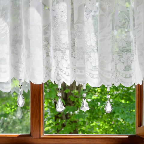 16 Pack Tablecloth Weights With Crystal Teardrop Pendants And Metal Clip Clamps For Glass Table Cover Hangers displayed on lace curtain