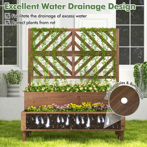 Raised Garden Bed With Trellis And Two Planter Boxes 2 Tier Outdoor Wooden Elevated Planter Box With Legs And Drainage Holes Built To Last From Durable Fir Wood For Flowers Herbs Vegetables And Fruits Brown, showcasing excellent water drainage design