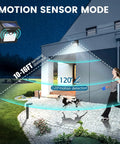 Solar Outdoor Security Lights Wireless Motion Sensor Waterproof LED Path Lighting for Front Door Backyard Steps Garage Garden with 400LM Output 4 Pack Durable Weatherproof Design showing motion detection range