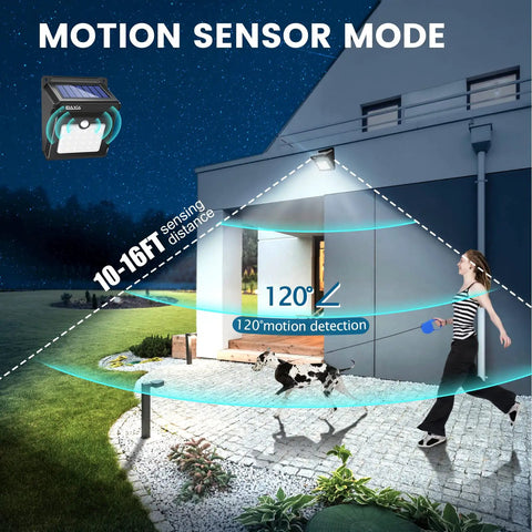 Solar Outdoor Security Lights Wireless Motion Sensor Waterproof LED Path Lighting for Front Door Backyard Steps Garage Garden with 400LM Output 4 Pack Durable Weatherproof Design showing motion detection range