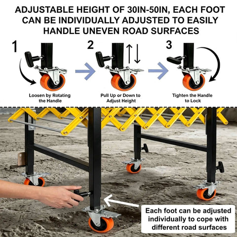 Adjustable Heavy Duty Conveyor Belt Rollers With 1450 Lbs Load Capacity, showing height adjustment features for uneven surfaces.