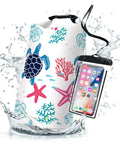 Ultra Dry Roll Top Waterproof Bag For Kayaking And Beach Adventures with Sea Turtle Coral Starfish Pattern and Waterproof Phone Case.