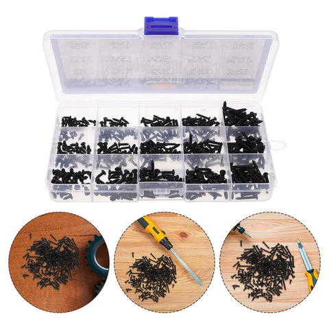 Round Head Self Tapping Screws 450 Pieces Carbon Steel Weather Resistant Black Kit With Storage Box For Electronics Repair