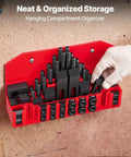 Bulletproof 58 Piece 5/8 Inch T Slot Clamping Kit With 1/2 By 13 Threads For Milling Machine And Drill Press Tables, organized in a red hanging compartment.