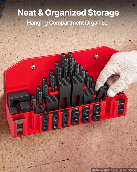 Bulletproof 58 Piece 5/8 Inch T Slot Clamping Kit With 1/2 By 13 Threads For Milling Machine And Drill Press Tables, organized in a red hanging compartment.