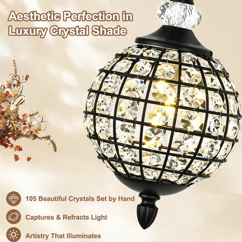 Lumestary 1 Piece Black Crystal Globe Wall Sconce, 1-Light Matte Black Finish, detailed view of crystal shade and design.