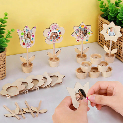 DIY Paintable Wooden Flower Photo Holders And Picture Frames Craft Kit With 28 Unfinished Flower Ornaments, Gem Stickers And Three Styles
