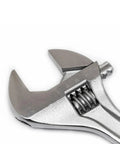 Close-up of chrome finished 12 Inch Adjustable Wrench with Laser Etched SAE and Metric Scales, large knurl for smooth adjustment.