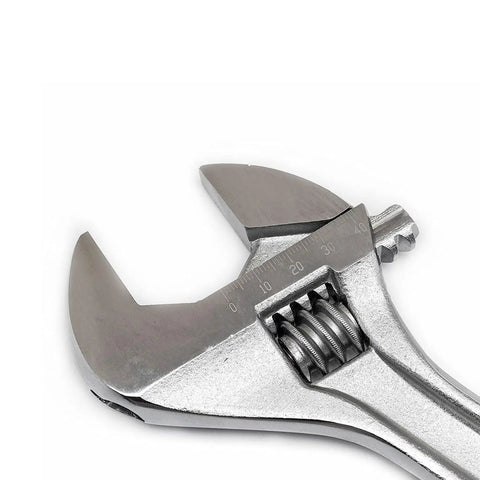 Close-up of chrome finished 12 Inch Adjustable Wrench with Laser Etched SAE and Metric Scales, large knurl for smooth adjustment.