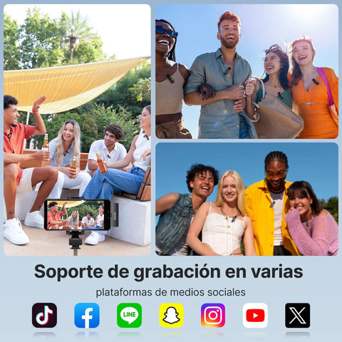 Group of friends recording with a Wireless Lavalier Microphone For USB-C iPhone 15 16 17 Series with Charging Case outdoors