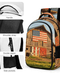 Pasture Farm Print Backpack for Everyone, durable polyester daypack with American barn design, handle, strap, zipper details.