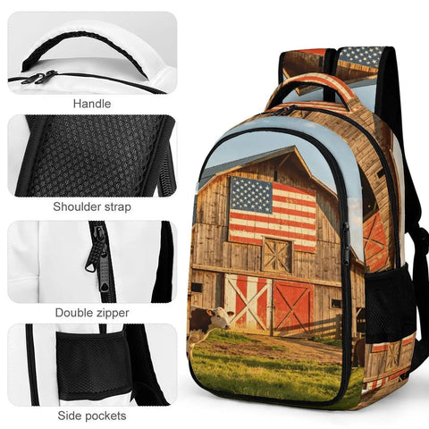 Pasture Farm Print Backpack for Everyone, durable polyester daypack with American barn design, handle, strap, zipper details.