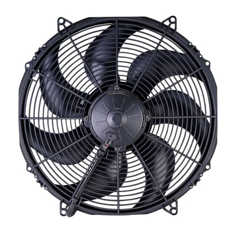 Spal High Output 16 Inch Curved Blade Puller Cooling Fan With Powerful Airflow For Radiator Systems, featuring a black steel frame and curved blades.