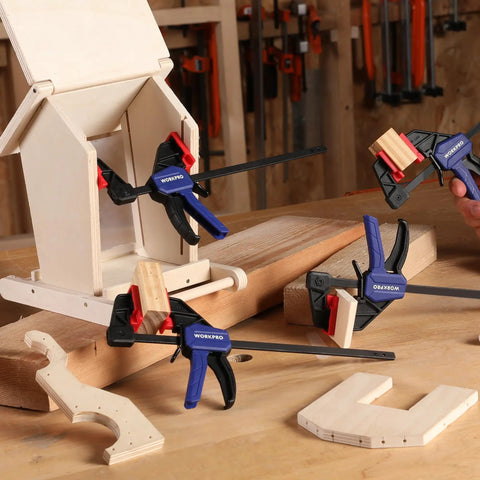 6 Inch Mini Bar Clamps For Woodworking, One Handed F Clamps And Spreaders, 4 Pack With 50 Lb Load, Throat One And A Half Inches, Screw Reverses To Convert To Spreader For Tight Glue Ups For Diyers on small wood glue-up