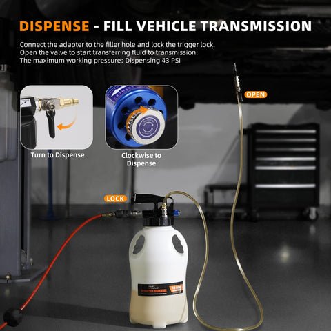 10L Pneumatic Transmission Fluid Pump Kit With Quick Switch Extractor And Dispenser setup showing operation instructions