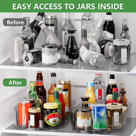 Clear Rectangular Lazy Susan Organizer For Refrigerator 13.5 By 8.5 Inches With 360 Degree Turntable in fridge, before and after use.