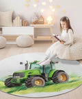 7Ft Round Area Rug For Living Room And Dining Table, Green Farm Tractor Grassland Circle Rug with child reading, cozy decor