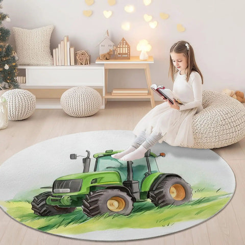 7Ft Round Area Rug For Living Room And Dining Table, Green Farm Tractor Grassland Circle Rug with child reading, cozy decor