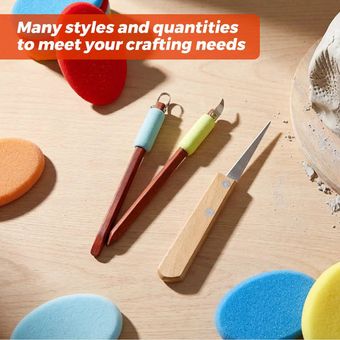 2 Pack Pottery Carving Tool Set With U And V Shaped Blades Wooden Handles And Five Colored Edge Sponges Shaping Knife