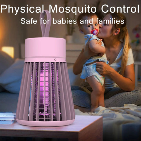 Rechargeable Indoor And Outdoor Bug Zapper With 600V Grid And 365Nm UV Light on table with woman and baby in background.