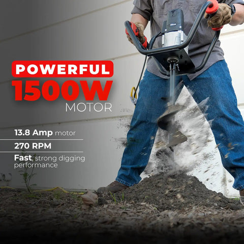 Powerful 1500W Electric Post Hole Digger Earth Auger With Reverse Function for digging soil outdoors, view of 13.8 Amp motor.