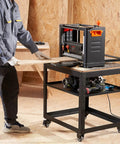 Dang Solid Thickness Planer Stand With Three Gear Height Adjustable Rolling Cart Holding Up To 100 Lbs featuring a wood piece being fed into the planer.