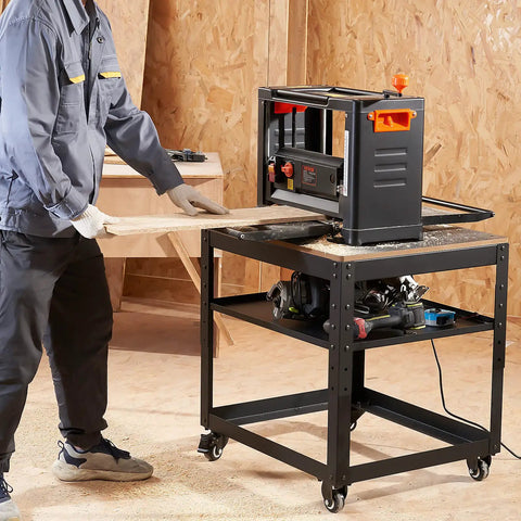 Dang Solid Thickness Planer Stand With Three Gear Height Adjustable Rolling Cart Holding Up To 100 Lbs featuring a wood piece being fed into the planer.