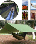 Oversized Waterproof Rain Fly Camping Hammock With Mosquito Net And Tree Straps Carabiners Poles And Gear Army Green setup