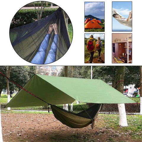 Oversized Waterproof Rain Fly Camping Hammock With Mosquito Net And Tree Straps Carabiners Poles And Gear Army Green setup